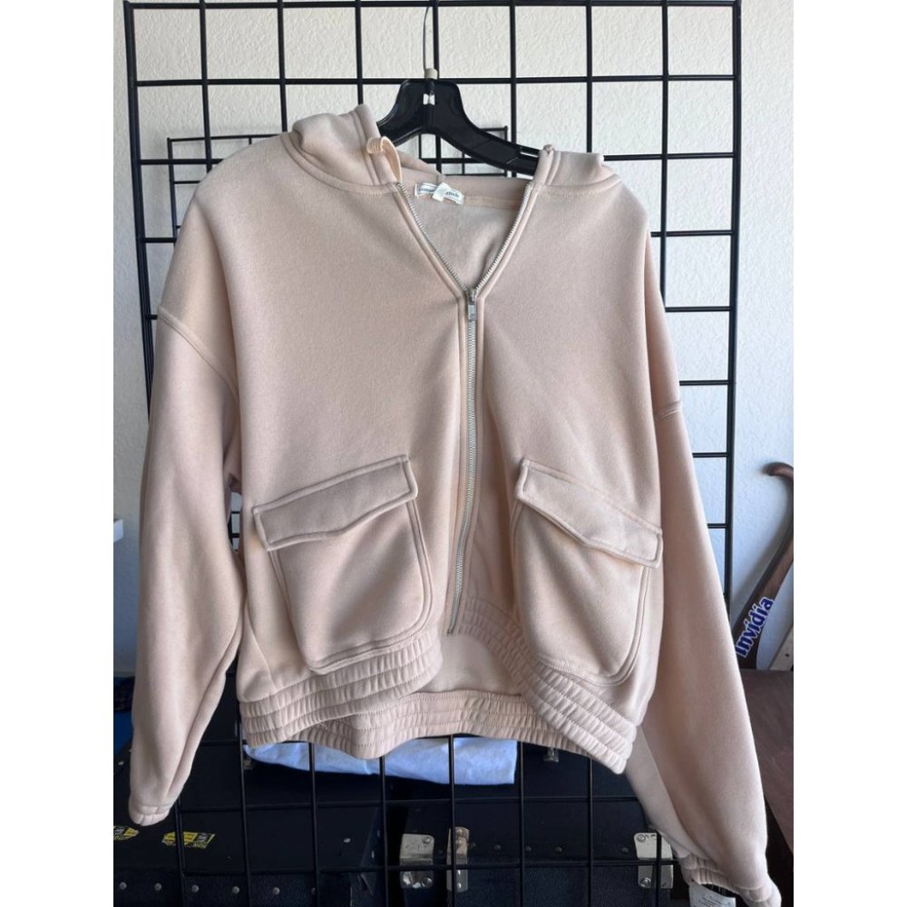 Women Hoodie Large Color Cream Long Sleeve Pullover Drawstring Zipper Closure